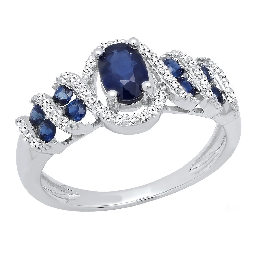 Dazzlingrock Collection Sterling Silver 6X4 MM Oval & Round Cut Blue Sapphire & Round Diamond Engagement Ring, Size 9