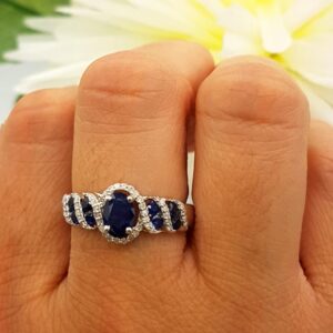 Dazzlingrock Collection Sterling Silver 6X4 MM Oval & Round Cut Blue Sapphire & Round Diamond Engagement Ring, Size 9