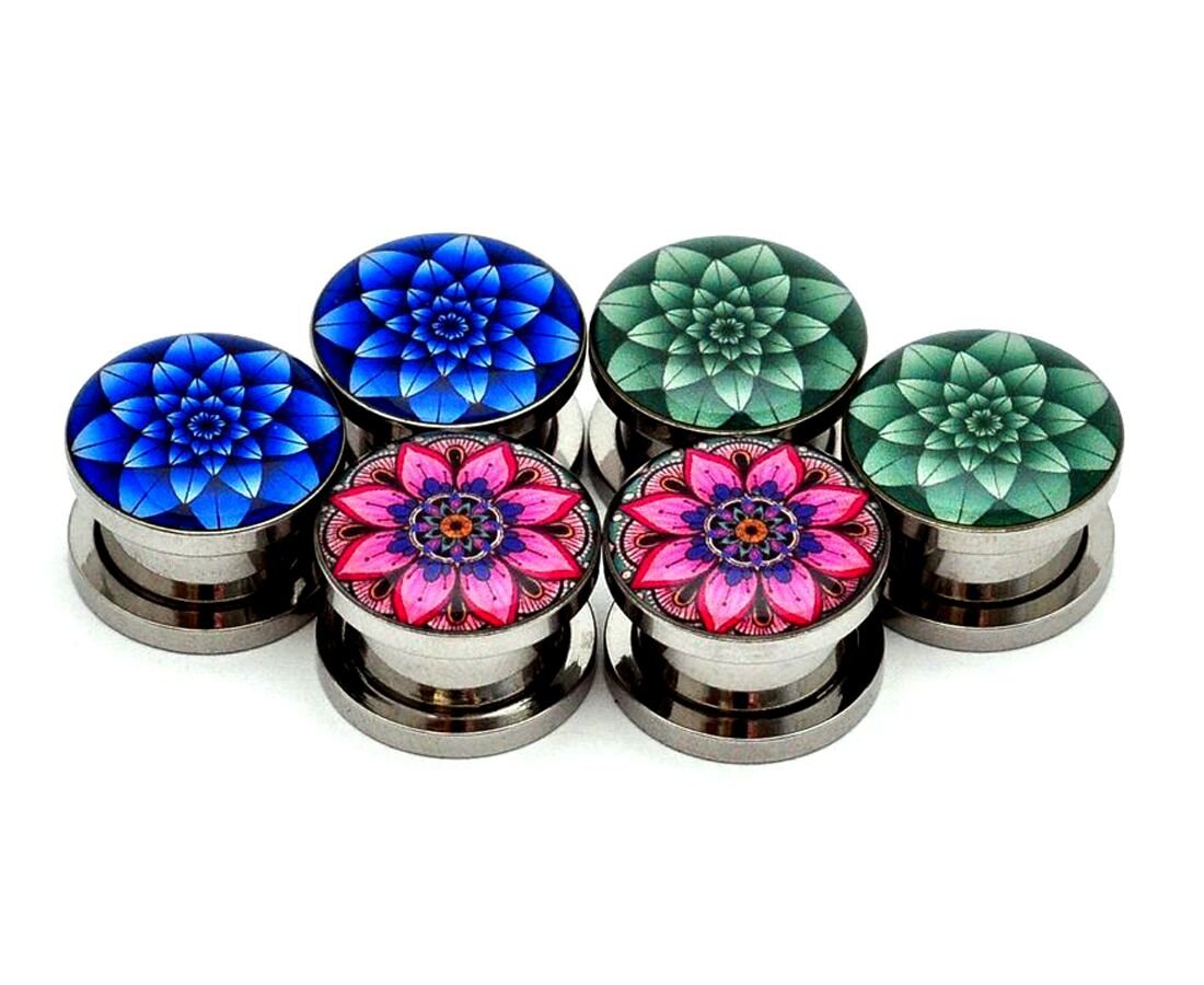 Mystic Metals Body Jewelry Set of 3 pairs Screw on Picture Plugs - Set #6 - (Blue Lotus, Green Lotus, Flower Mandala) - All 3 pairs included (2g (6mm))