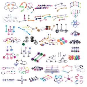 bodyj4you 120pc body piercing jewelry lot - ear tragus cartilage daith nose septum lip belly button - 14g 16g 18g random mix - horseshoes rings barbells studs industrial - unisex male female