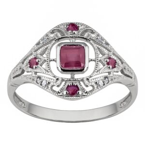 10k white gold vintage style genuine ruby and diamond ring