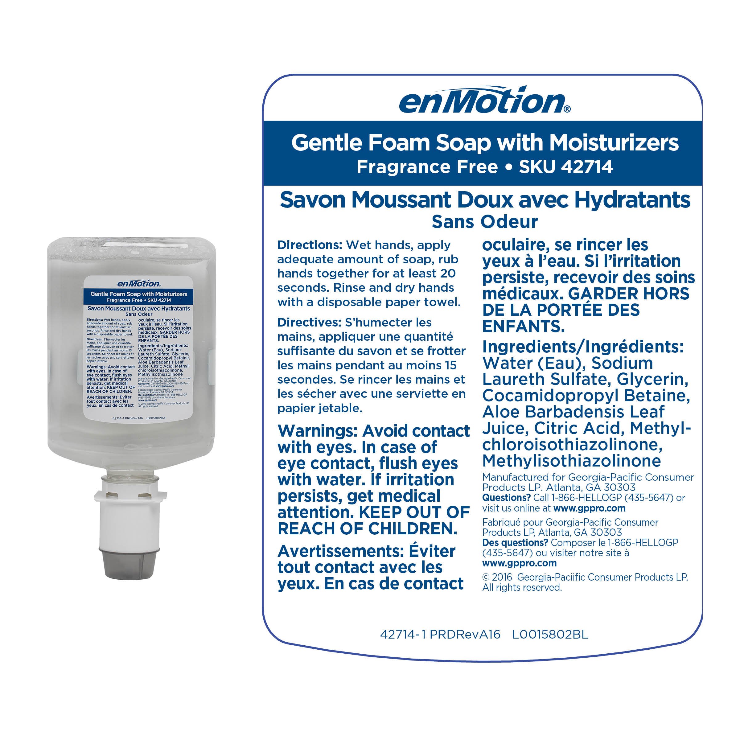 enMotion Gen2 Moisturizing Foam Soap Dispenser Refill by GP PRO (Georgia-Pacific); Dye and Fragrance Free; 42714; 1200 mL Per Bottle; 2 Bottles Per Case