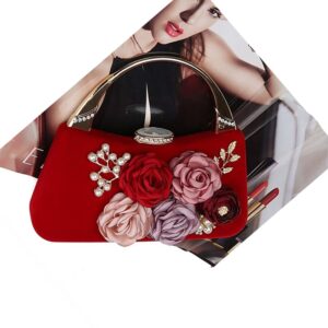 Women Flower Evening Bag Clutch Purse Metal Frame Large Wedding Red Vintage Purse Carved Handle handbag for party Cocktail