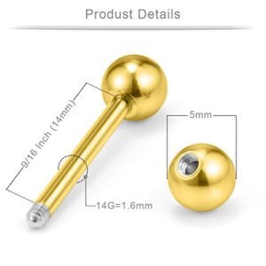 Ruifan 14G 9/16Inch Crystal Ball Nipple Tongue Shield Ring Barbell Body Piercing Jewelry Retainer 8PCS - Gold