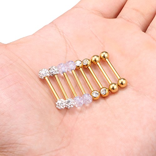 Ruifan 14G 9/16Inch Crystal Ball Nipple Tongue Shield Ring Barbell Body Piercing Jewelry Retainer 8PCS - Gold