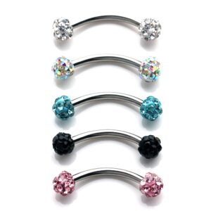 Ruifan 5PCS 16G 10mm Mix Color Crystal Ferido Ball Curved Barbell Eyebrow Ear Ring Body Piercing Jewelry