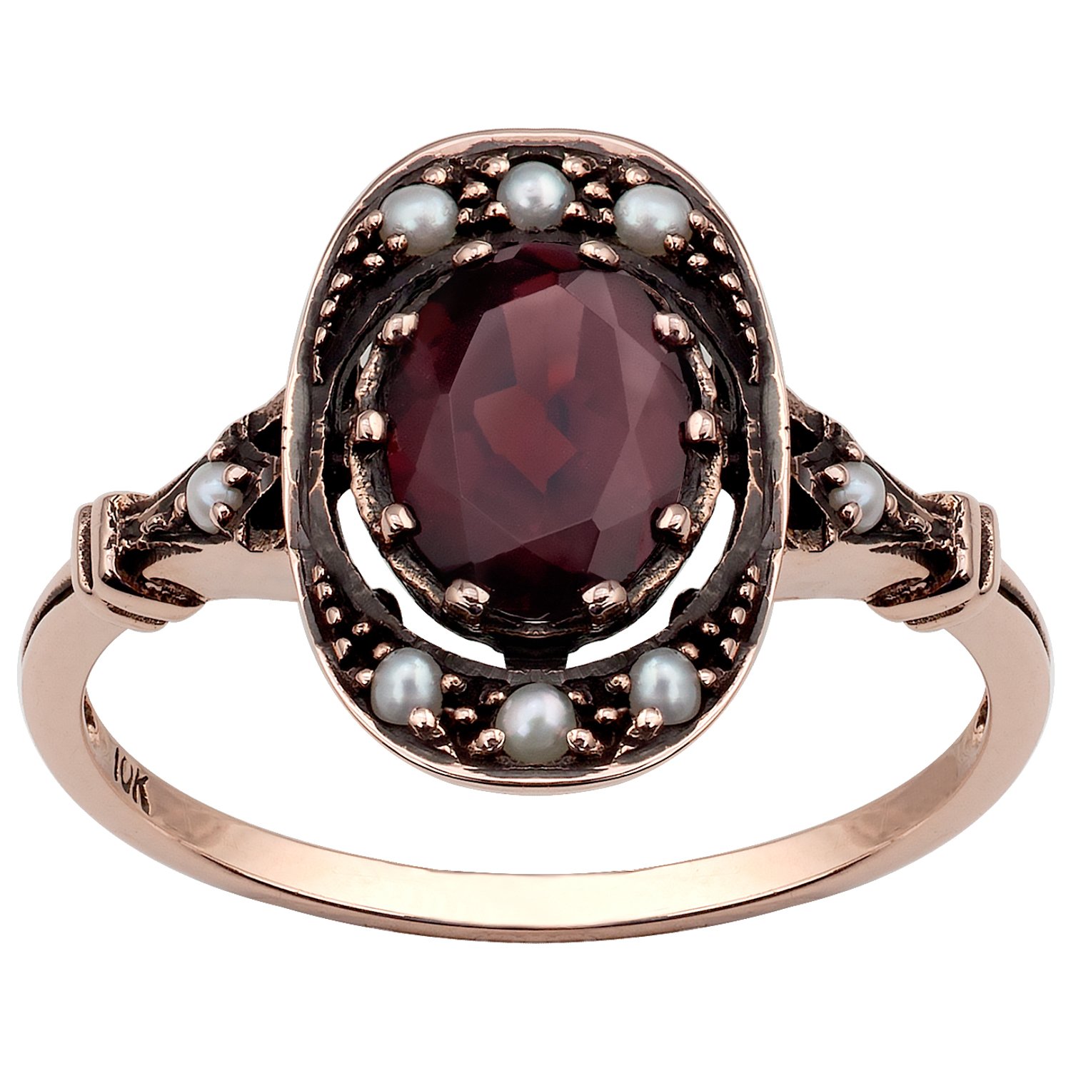 10k Rose Gold Vintage Style Genuine Oval Garnet and Cultured-Pearl Ring