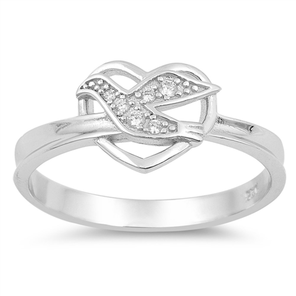 Clear CZ Holy Christian Dove Heart Promise Ring Sterling Silver Band Size 8