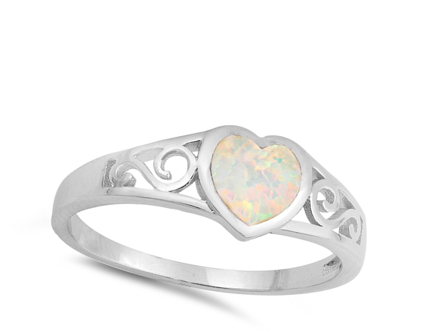 White Simulated Opal Filigree Heart Promise Ring .925 Sterling Silver Band Size 5