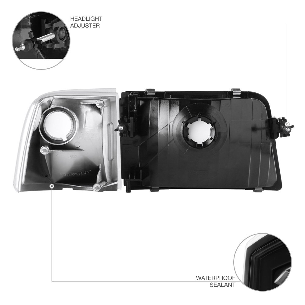 VIPMOTOZ Black Housing OE-Style Headlight & Corner Side Marker Lamp Assembly For 1993-1997 Ford Ranger, Driver & Passenger Side