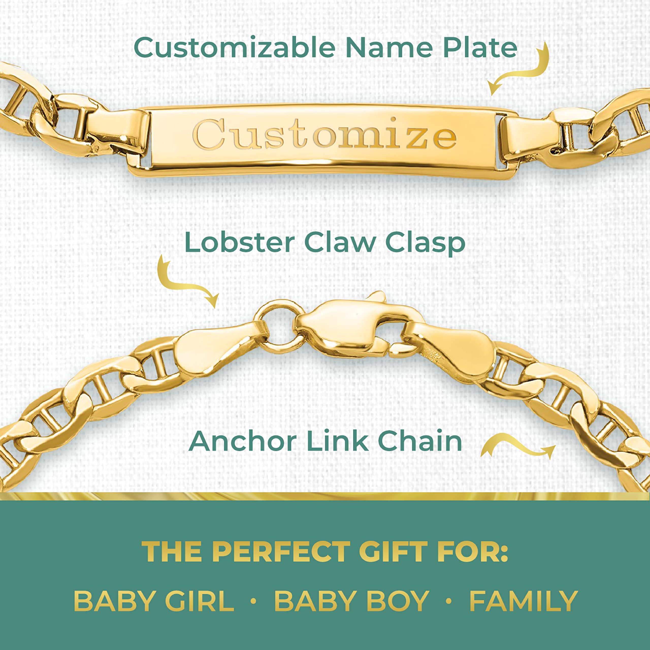 Brilliant Bijou Children's Name Bracelet - ID Engraved Bracelet, 14k Yellow Gold Child Bracelet for Girls and Boys Real Gold ID Bracelet (Not Plated or Filled)