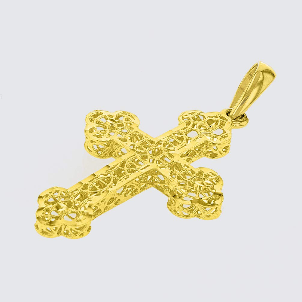 14k Yellow Gold Textured Filigree Eastern Orthodox Cross Pendant (Medium)