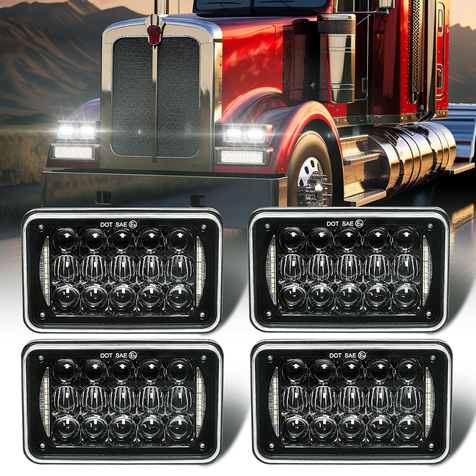 DOT Approved 60w 4x6 inch LED Headlights Rectangular Replacement H4651 H4652 H4656 H4666 H6545 with DRL Compatible with Peterbil Kenworth Freightinger Ford Probe Chevrolet Trucks