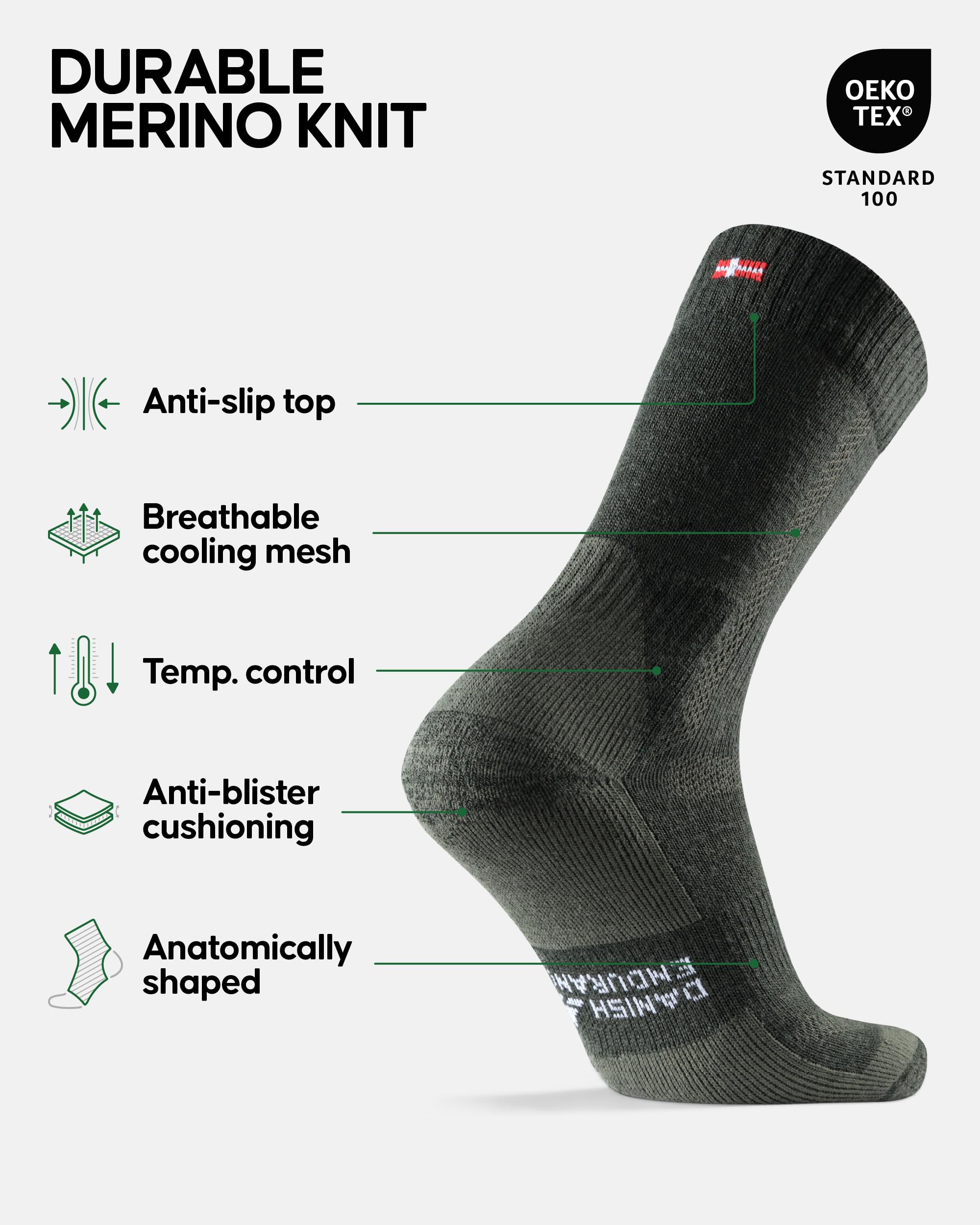 DANISH ENDURANCE Merino Wool Hiking Socks for Men & Women, 3-pack, Forest Green, Large