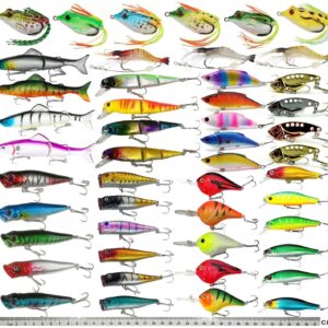 XBLACK Fishing Lures Set, Including Minnow Popper Jointed VIB Shrimp Frogs, Whopper Fishing Lure for Bass Catfish Pike, Baits for Freshwater Saltwater, Fishing Gifts for Men Women(48pcs)