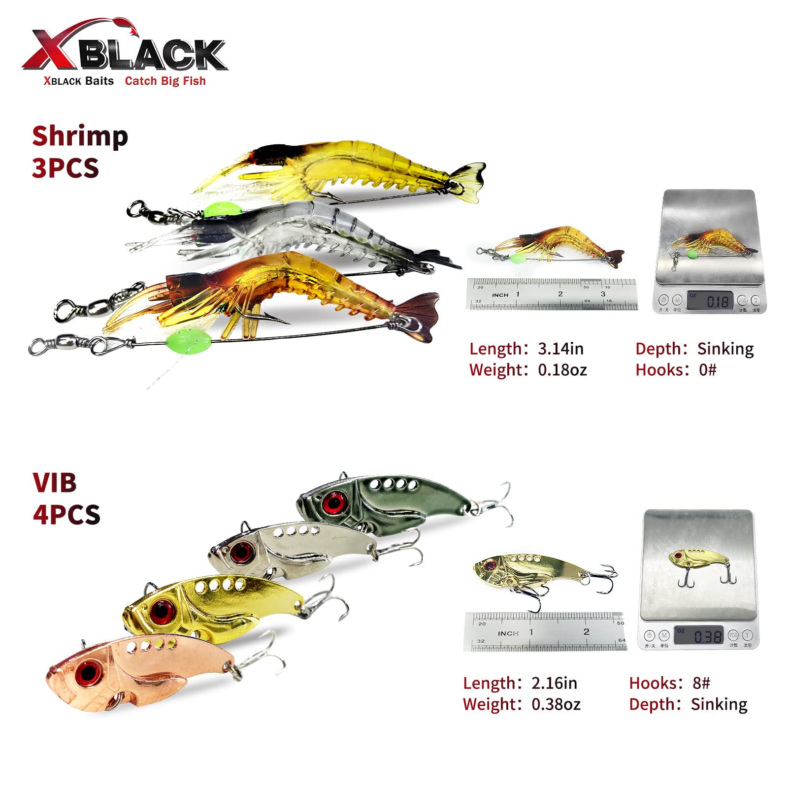 XBLACK Fishing Lures Set, Including Minnow Popper Jointed VIB Shrimp Frogs, Whopper Fishing Lure for Bass Catfish Pike, Baits for Freshwater Saltwater, Fishing Gifts for Men Women(48pcs)