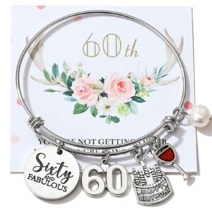 Miss Pink 60th Birthday Jewelry Gifts for Women Stainless Steel Expandable Bangle 60 Year Old Charm Bracelets for Daughter Granddaughter