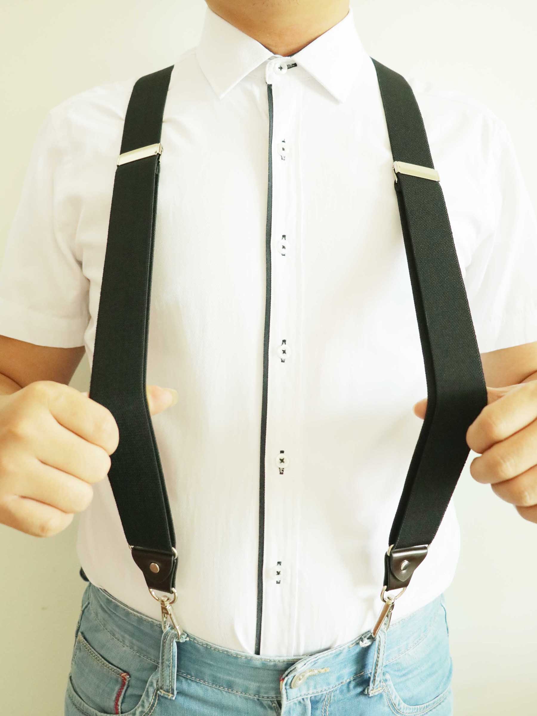 JIERKU Romanlin Mens Suspenders for Work 3 Swivel Hook Clips Y-Back for Groomsmen Leather Black