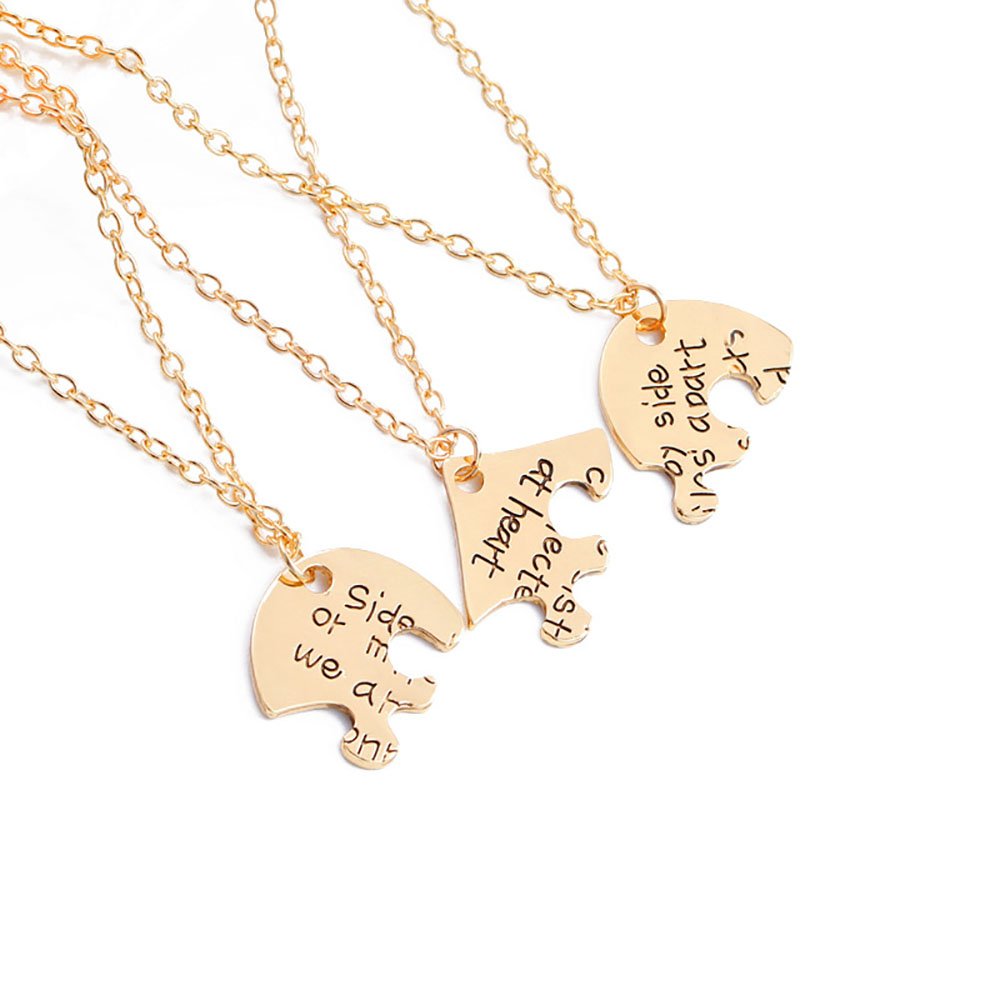 Meiligo® Retro 3 Pcs Best Friends Forever Gift Side by Side Or Miles Apart Letter Puzzle Dog Tag Necklace Heart Matching Engraved Letter Jewelry (Gold)