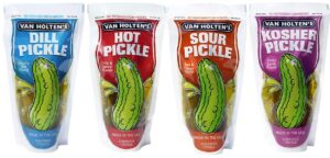 van holten's pickle in-a pouch variety pack, 12 pickles, 3 of each flavor of kosher, dill, hot & spicy and sour ready to eat single serve pickles in their own pouch! no refrigeration needed.