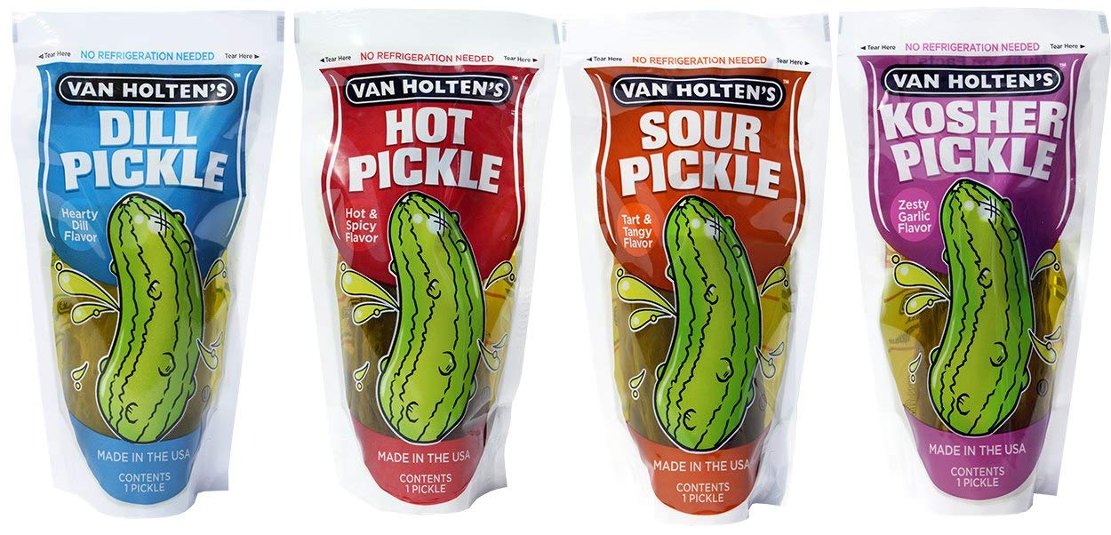 Van Holten's Pickle In-a Pouch Variety Pack, 12 pickles, 3 of each Flavor of Kosher, Dill, Hot & Spicy and Sour Ready to Eat Single Serve Pickles in their own pouch! No Refrigeration needed.