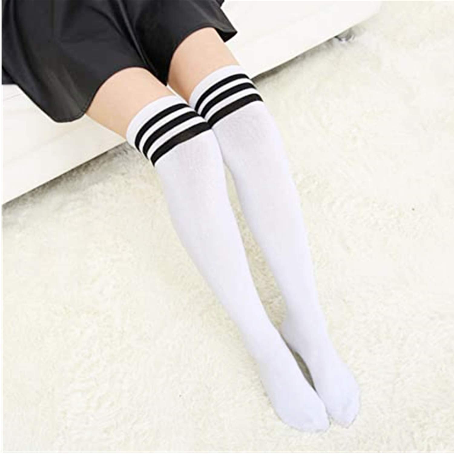 Century Star Women's Casual Athlete Striped Over Knee Thin Thigh High Tights Long Stocking Socks C 1 Pair White Black One Size