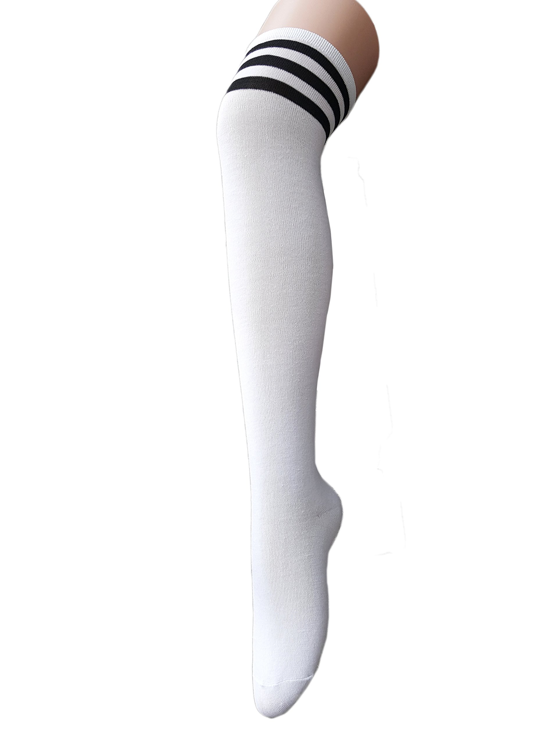 Century Star Women's Casual Athlete Striped Over Knee Thin Thigh High Tights Long Stocking Socks C 1 Pair White Black One Size