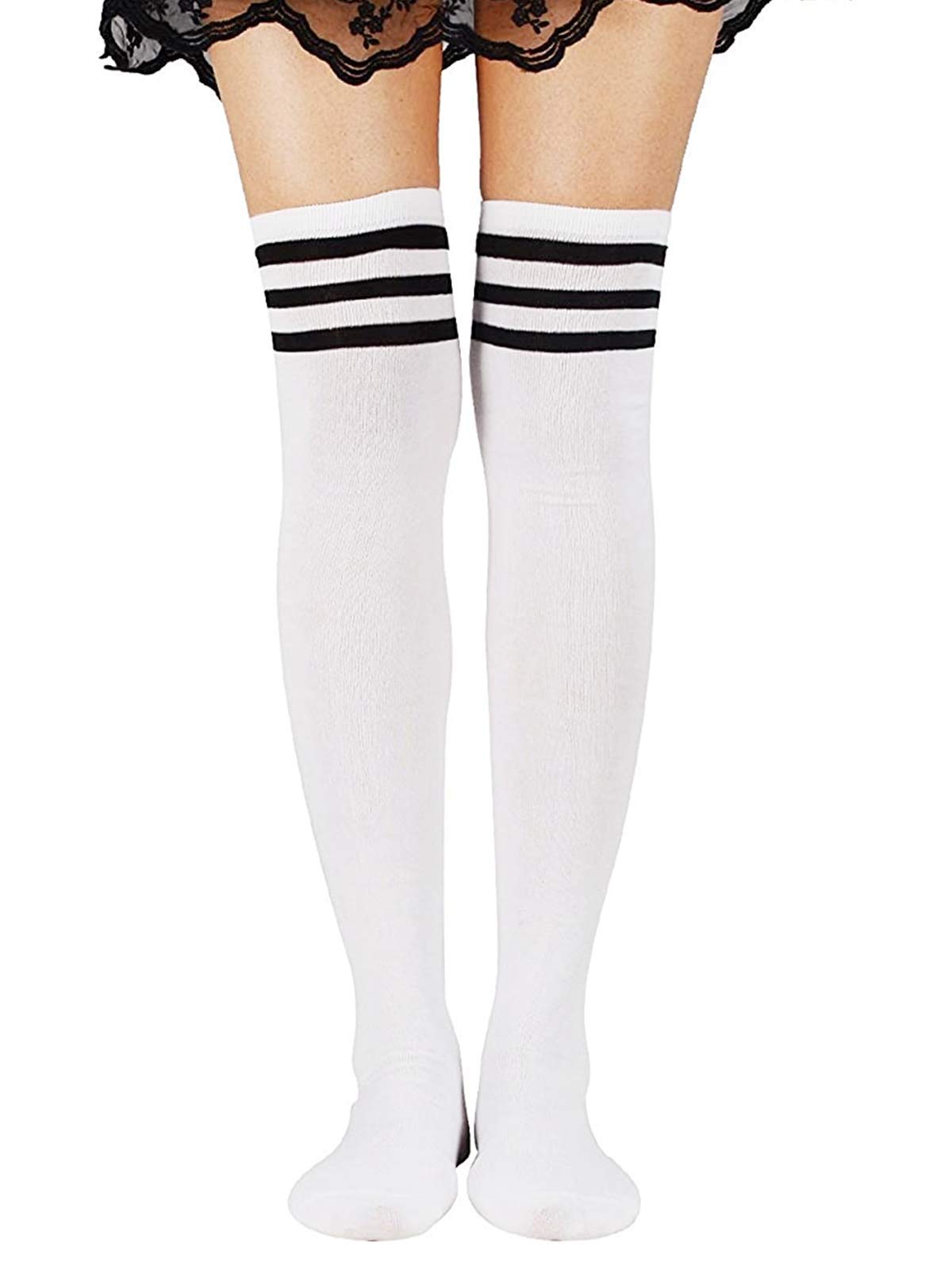 Century Star Women's Casual Athlete Striped Over Knee Thin Thigh High Tights Long Stocking Socks C 1 Pair White Black One Size