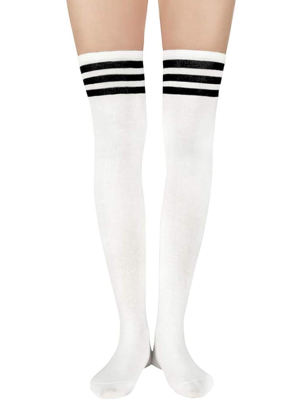 Century Star Women's Casual Athlete Striped Over Knee Thin Thigh High Tights Long Stocking Socks C 1 Pair White Black One Size