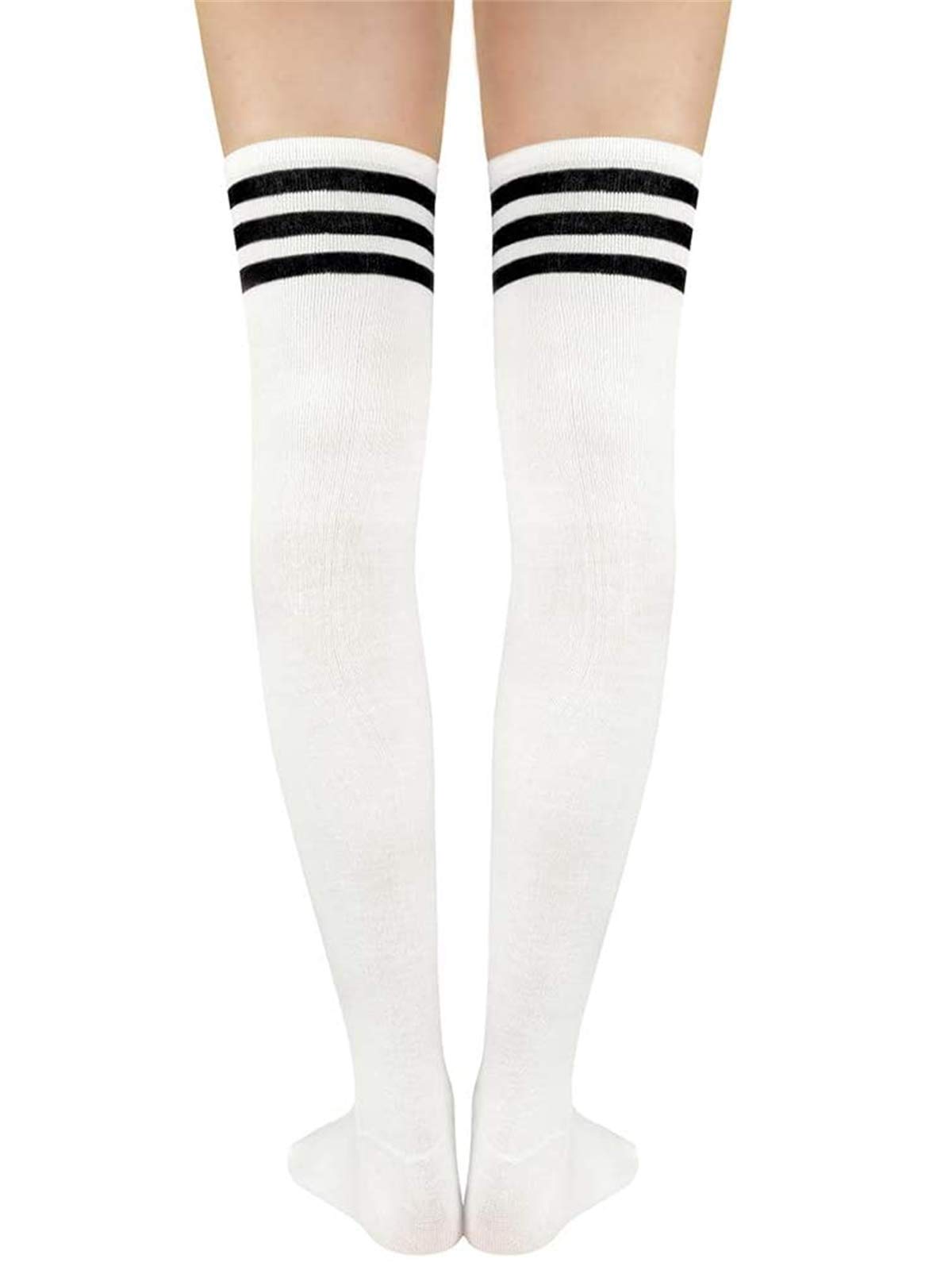 Century Star Women's Casual Athlete Striped Over Knee Thin Thigh High Tights Long Stocking Socks C 1 Pair White Black One Size