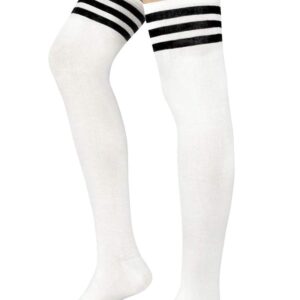 Century Star Women's Casual Athlete Striped Over Knee Thin Thigh High Tights Long Stocking Socks C 1 Pair White Black One Size