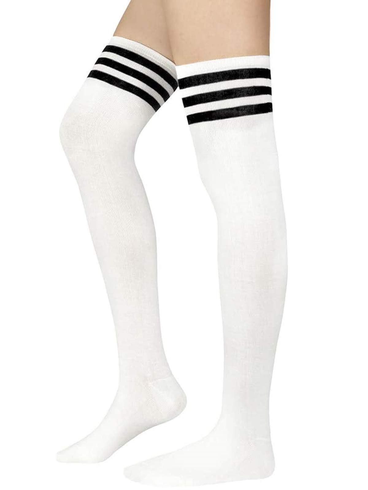 Century Star Women's Casual Athlete Striped Over Knee Thin Thigh High Tights Long Stocking Socks C 1 Pair White Black One Size