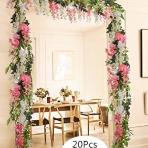 DearHouse 4Pcs 6.6Ft/piece Artificial Flowers Silk Wisteria Garland Artificial Wisteria Vine Rattan Silk Hanging Flower for Home Garden Outdoor Ceremony Wedding Arch Floral Decor (White)