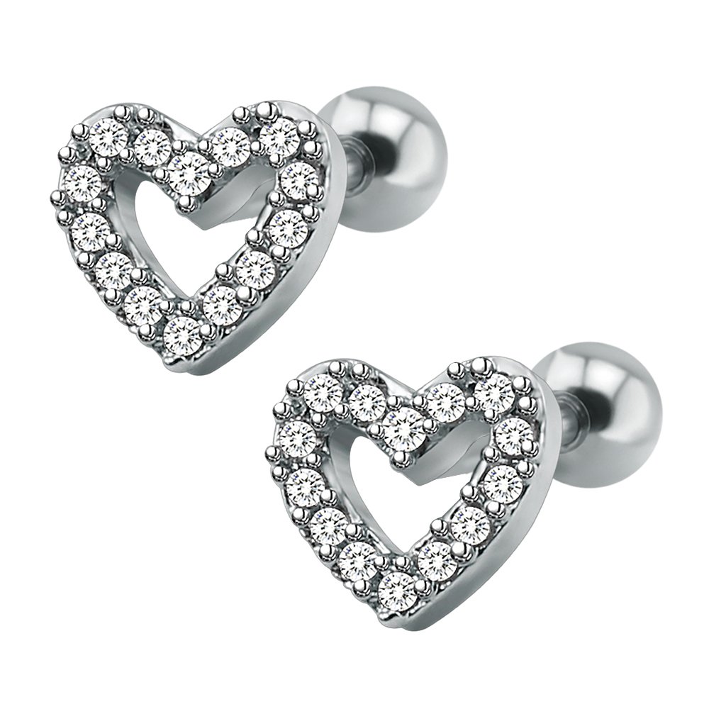 16g Sparkling Cubic Zirconia Stainless Steel Stud Earrings Tragus Helix Conch Cartilage Ear Piercing (Heart)