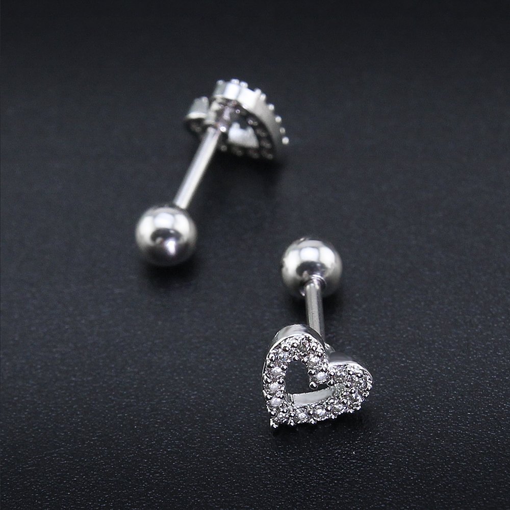 16g Sparkling Cubic Zirconia Stainless Steel Stud Earrings Tragus Helix Conch Cartilage Ear Piercing (Heart)