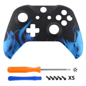 eXtremeRate Blue Flame Faceplate Cover, Soft Touch Front Housing Shell Case, Comfortable Soft Grip Replacement Kit for Xbox One X S Controller Model 1708 - Controller NOT Included