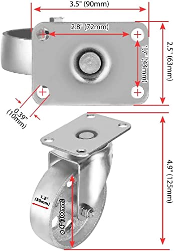 4 All Steel Swivel Plate Caster Wheels Heavy Duty High-Gauge Steel Gray (4" Metal Swivel Caster Gray - No Brake)