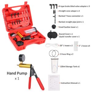 HTOMT 2 in 1 Brake Bleeder Kit Hand held Vacuum Pump Test Set for Automotive with Protected Case,Adapters,One-Man Brake and Clutch Bleeding System(Red)