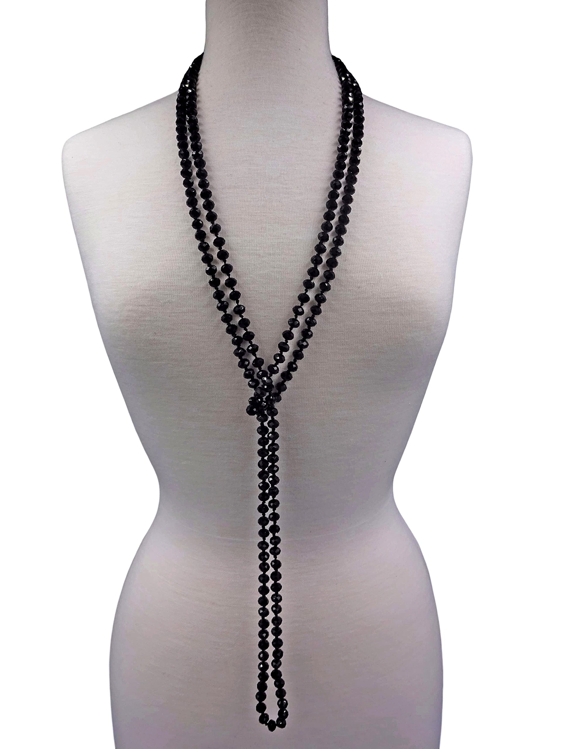 MGR MY GEMS ROCK! Long Endless Beaded Statement Crystal Necklace in Jet Black.