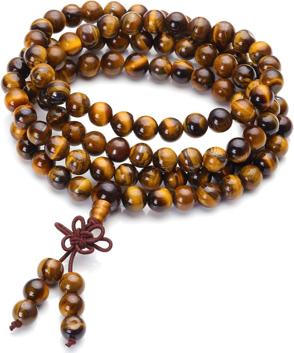 Addmluck 108 Mala Beads Meditation Necklace 7 Chakra Tree of Life Pendant Necklace Prayer Buddha Beaded Bracelets Healing Stone Yoga Necklace for Men and Women Jewelry(tiger eye)