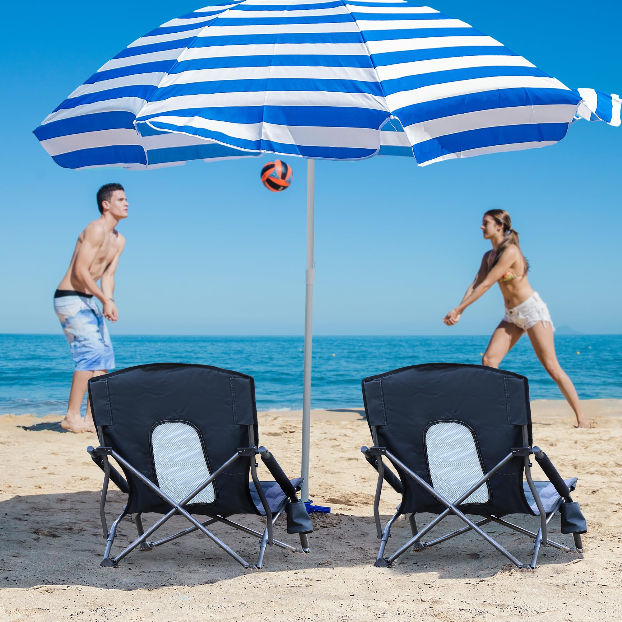 PORTAL Beach Camping Folding Chairs for Adults Low Lightweight Portable Chair with Cup Holder High Mesh Back Carry Bag for Outdoor, Lawn, Sand, Travel, Picnic, Festival, Concert, BBQ, Sports, 300LBS