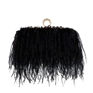 Zakia Real Natural Ostrich Feather Evening Clutch Shoulder Bag Party Bag (A-Black)