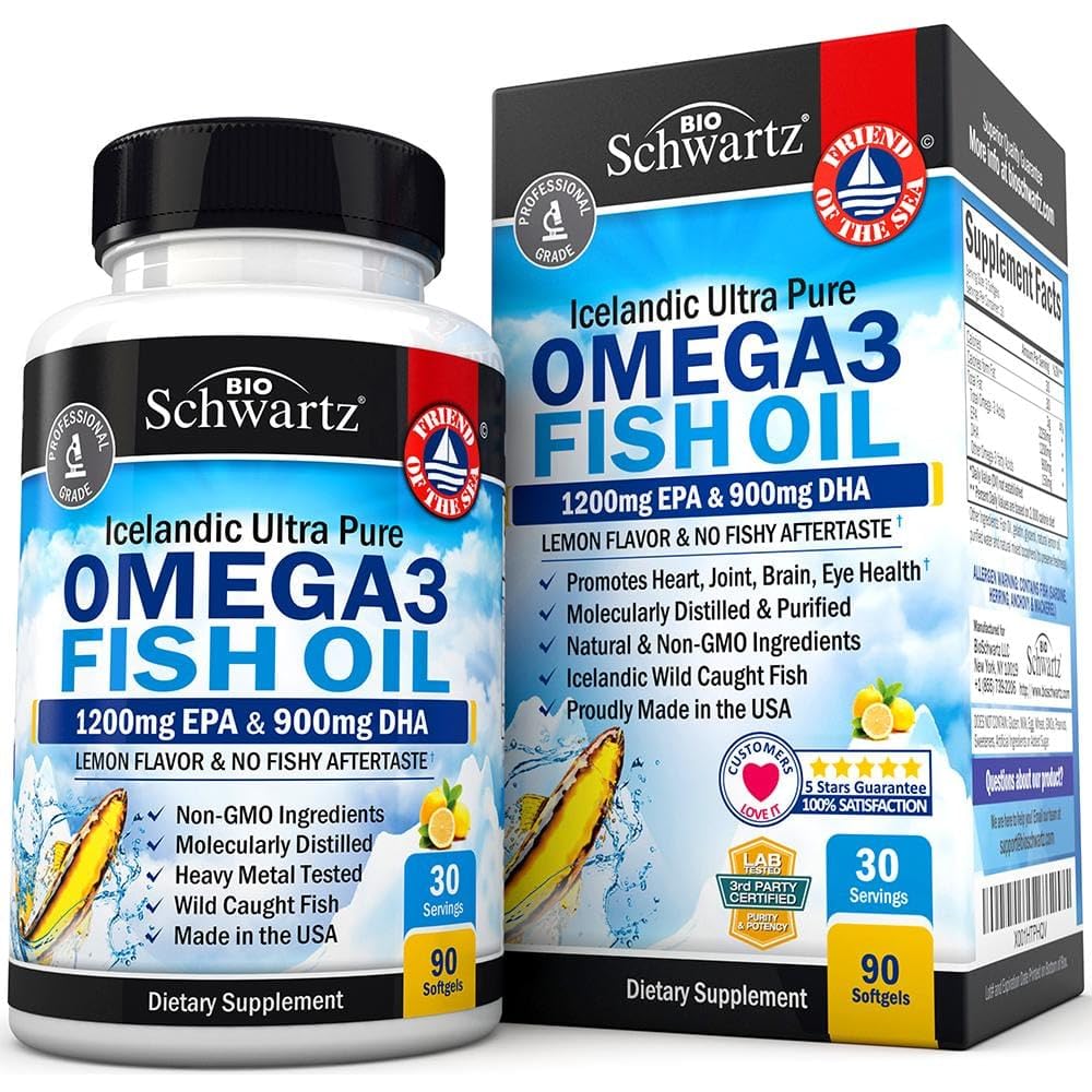 Omega 3 Fish Oil Supplement - 1200mg EPA and 900mg DHA Fatty Acid Per Serving - Supports Joint, Eyes, Brain & Skin Health - Burpless Lemon Flavor, Gluten-Free, 90 Softgels (Packaging May Vary)