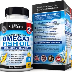 Omega 3 Fish Oil Supplement - 1200mg EPA and 900mg DHA Fatty Acid Per Serving - Supports Joint, Eyes, Brain & Skin Health - Burpless Lemon Flavor, Gluten-Free, 90 Softgels (Packaging May Vary)