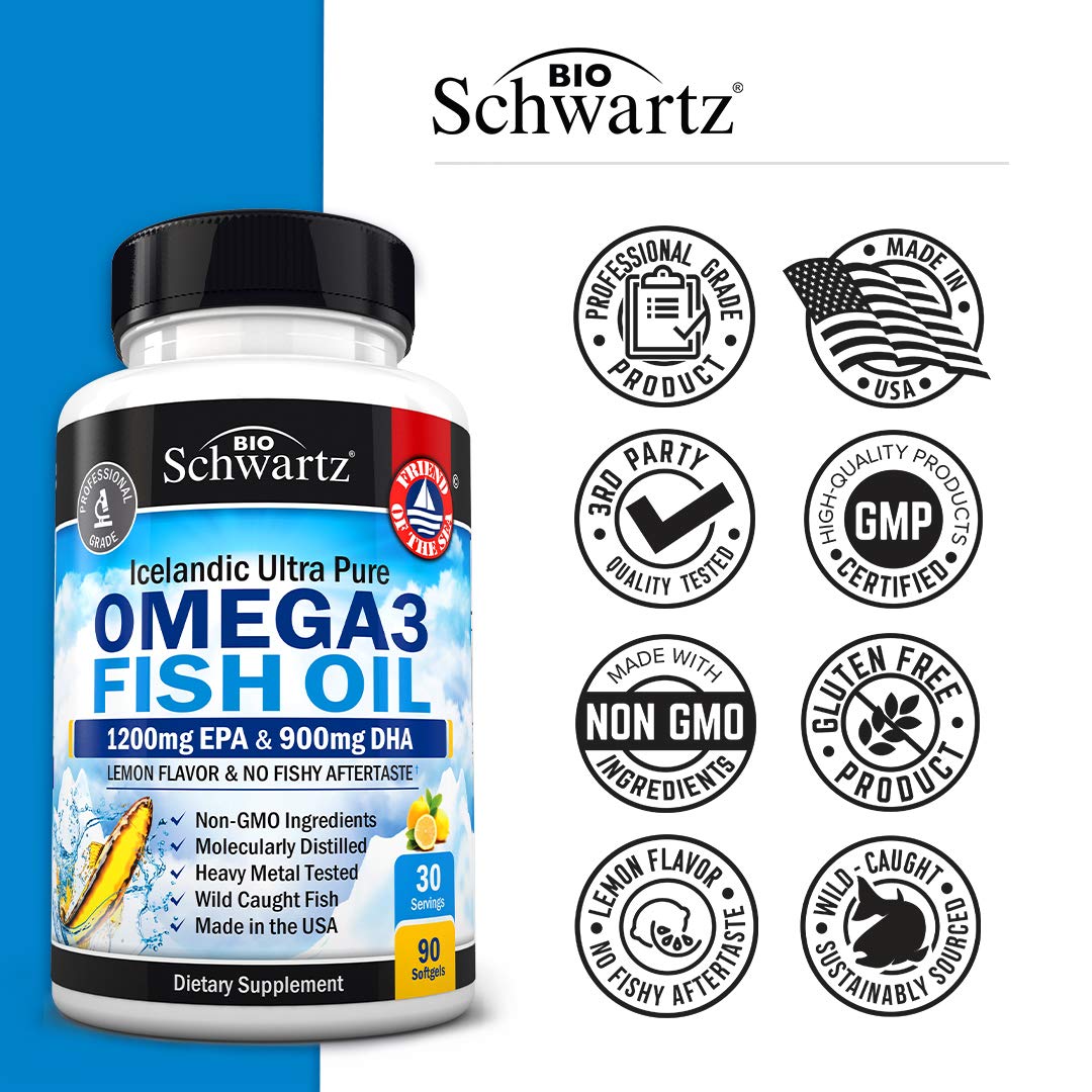 Omega 3 Fish Oil Supplement - 1200mg EPA and 900mg DHA Fatty Acid Per Serving - Supports Joint, Eyes, Brain & Skin Health - Burpless Lemon Flavor, Gluten-Free, 90 Softgels (Packaging May Vary)