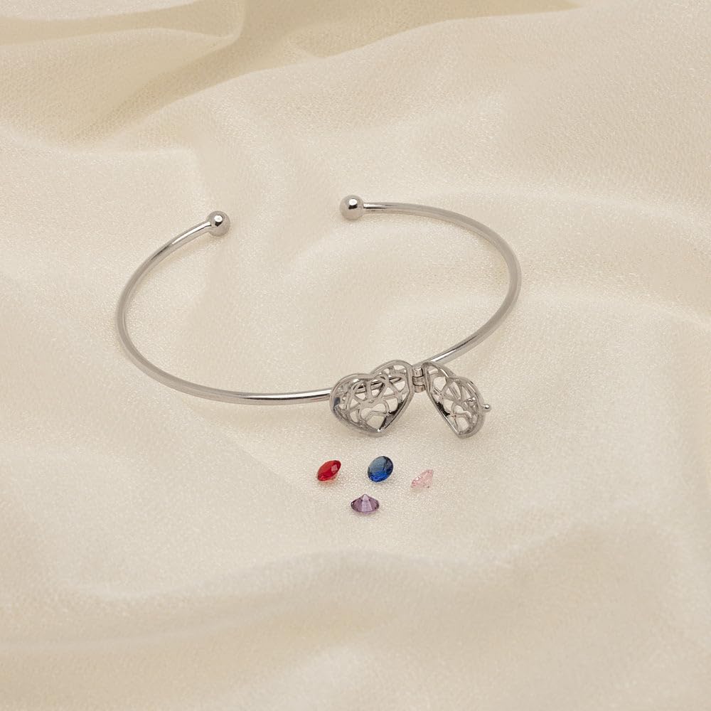 EVE'S ADDICTION Women's Sterling Silver Heart Shaped Birthstone Cuff Bracelet - Personalized Locket Jewelry - Bracelet for Mom - Family Bracelet - Gift for Her - Gifts for Mom