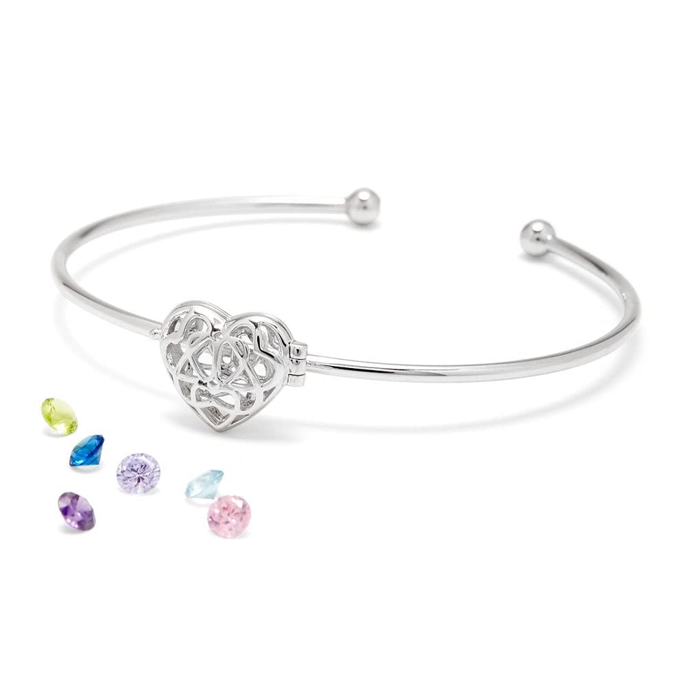 EVE'S ADDICTION Women's Sterling Silver Heart Shaped Birthstone Cuff Bracelet - Personalized Locket Jewelry - Bracelet for Mom - Family Bracelet - Gift for Her - Gifts for Mom