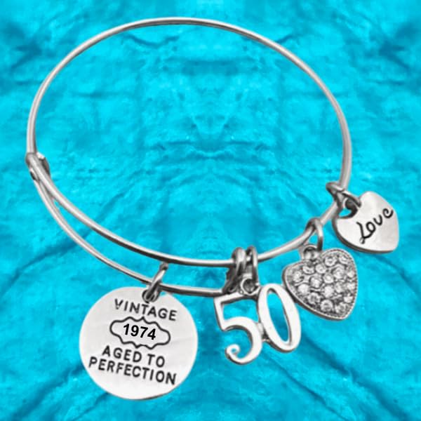 Infinity Collection 50th Birthday Gifts for Women, 50th Birthday Expandable Charm Bracelet, 1974 Aged to Perfection, 50th Birthday Gift Ideas for Women