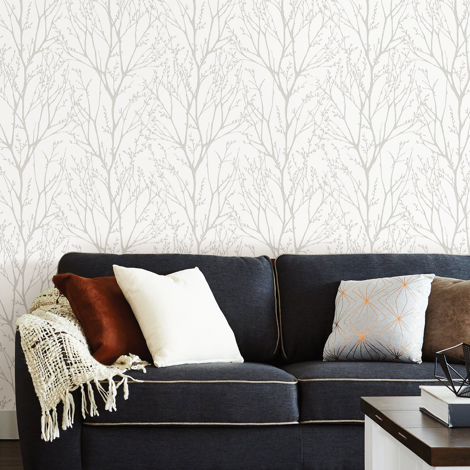 NuWallpaper NU2394 Treetops Peel Stick Wallpaper, White & Off-White