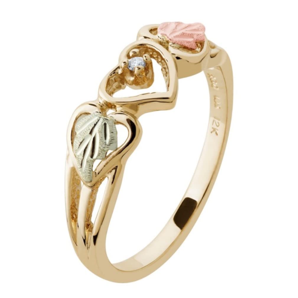 Diamond Heart Ring, 10k Yellow Gold, 12k Green and Rose Black Hills Gold Size 8.25